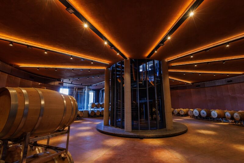 Sala de barricas da Huentala Wines em luz âmbar